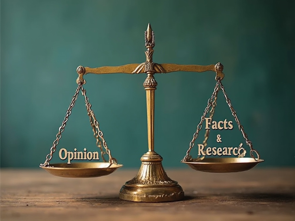 an illustration of a scale. "Opinion" is being weighed on the left side of the scale. "Facts & Research" are being depicted on the right side. It's clear from the illustration that "facts & research" weigh more than "opinion."