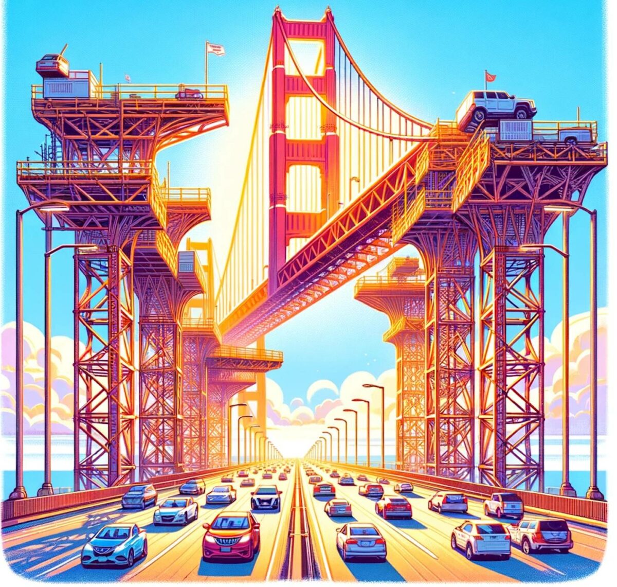 Golden Gate Bridge under clear skies, supported by exaggerated beams, with cars crossing over.
