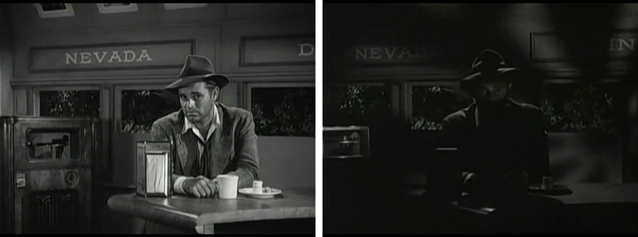 two still  images from diner scene, one considerably darker than the other