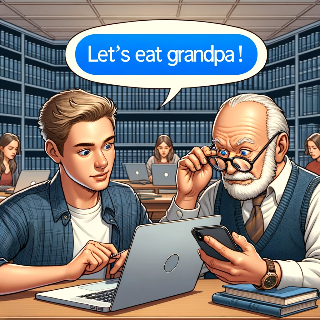 An illustration of a professor looking up from his phone to see a student's text: "Let's eat grandpa!" This illustration highlights a punctuation error and its humorous potential for misunderstanding.