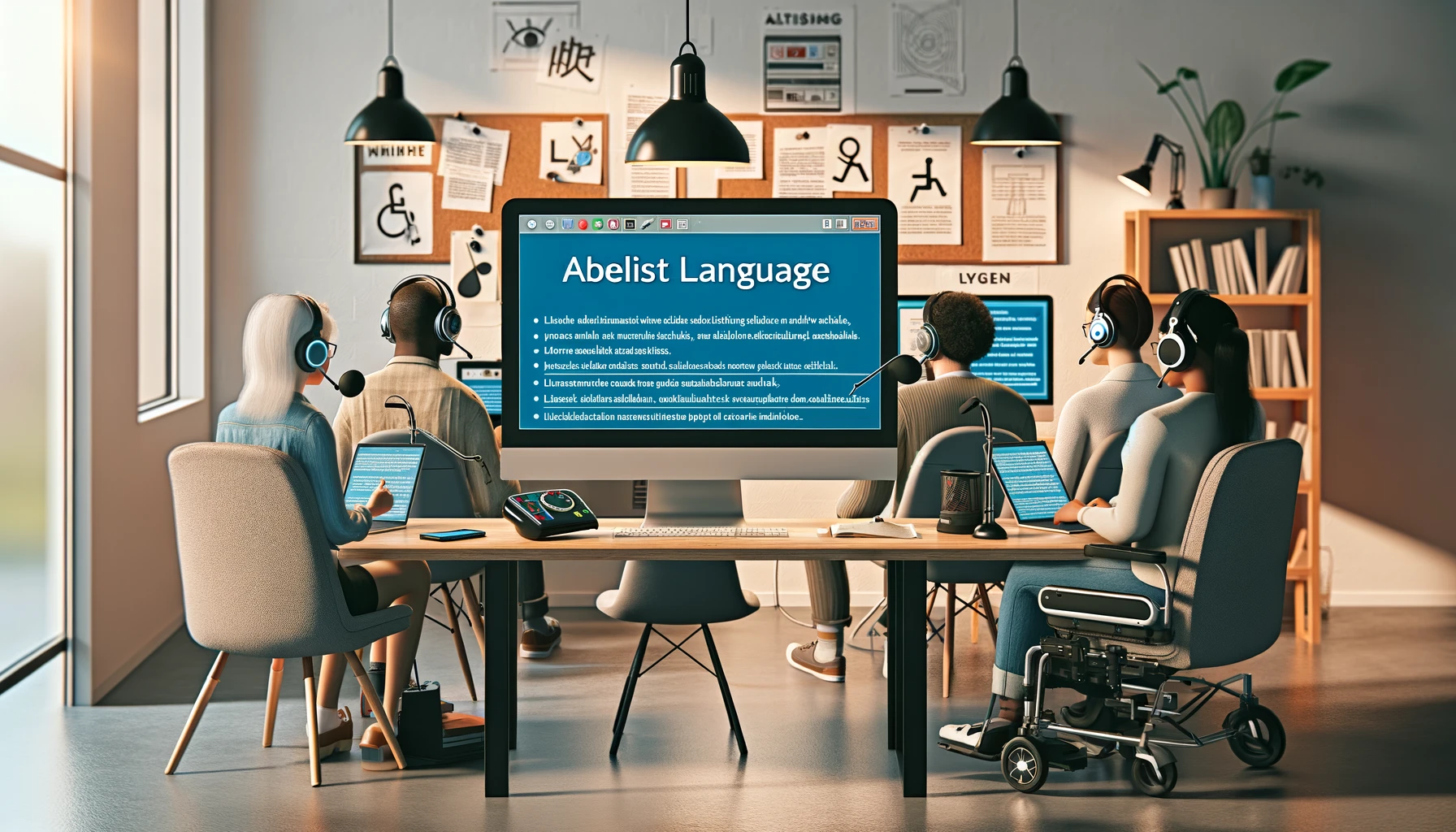An inclusive, well-lit workspace with diverse individuals, some with visible disabilities, using various assistive technologies like hearing aids and screen readers. The central focus is on a computer screen displaying a document titled 'Ableist Language', which includes examples of inclusive language alternatives. The background is simple and uncluttered, highlighting the interaction of the individuals with the writing tools in a setting that symbolizes an adaptive and inclusive writing environment.